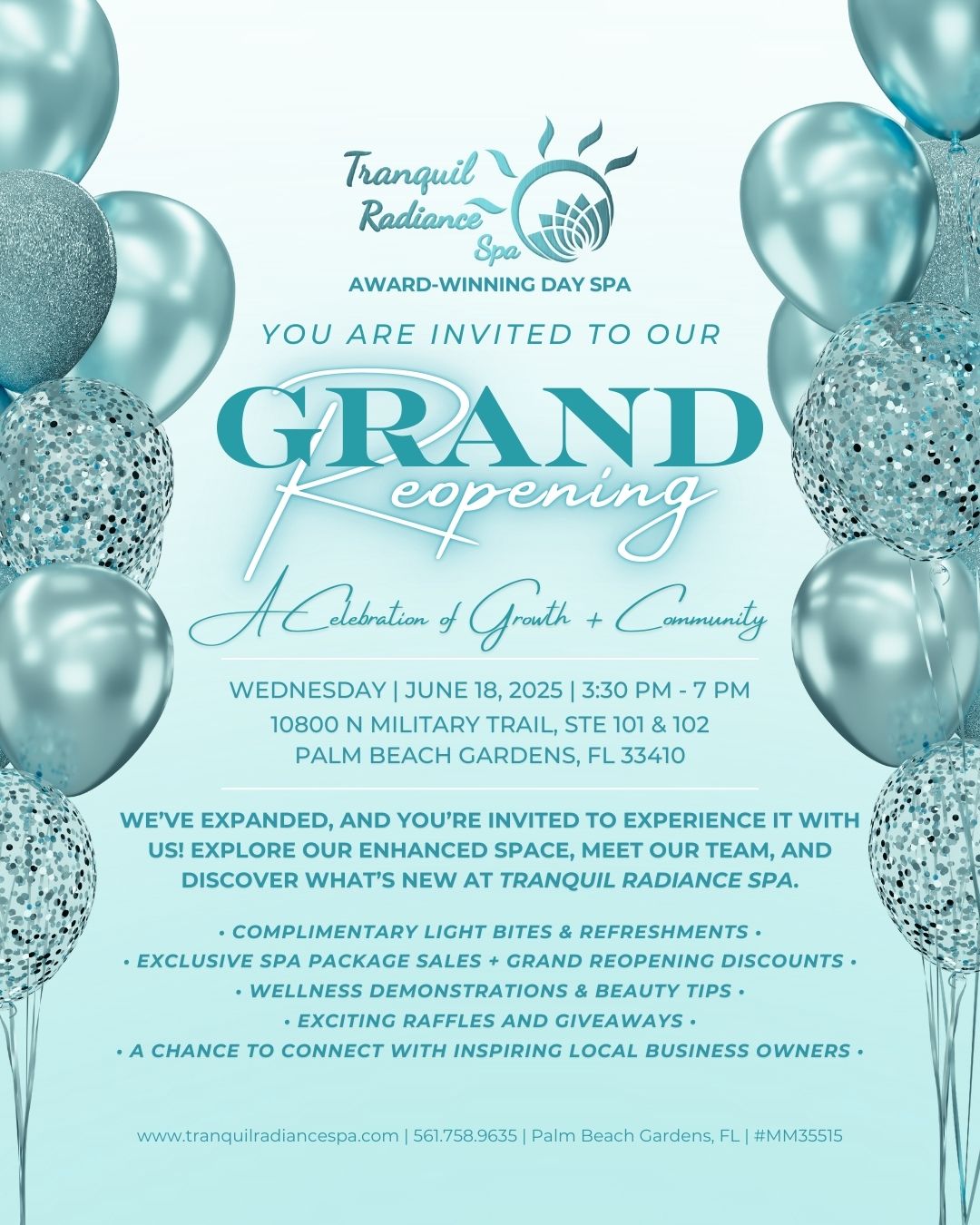 Invitation for the grand reopening of Tranquil radiance Spa in Palm Beach Gardens, FL